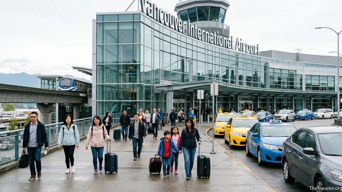 Passengers outside Vancouver International Airport terminal with taxis and Canada Line train in view.