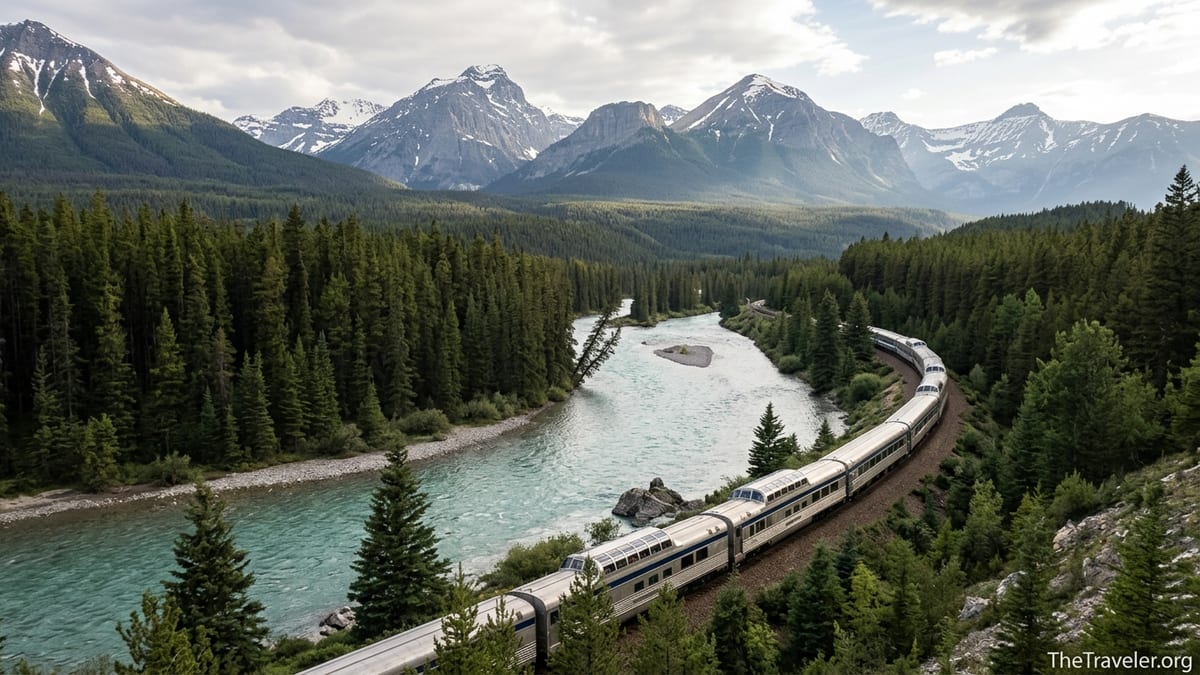 Passenger train following a turquoise river through the Canadian Rockies near Jasper in summer.