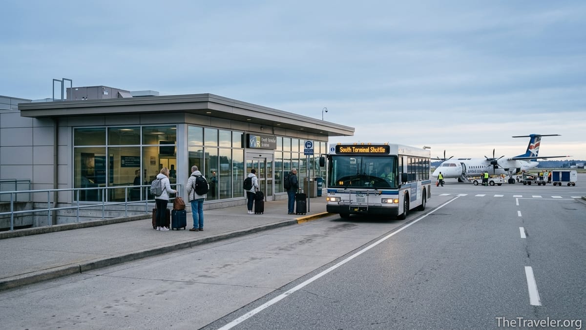 Curbside view of Vancouver International Airport South Terminal with shuttle bus and regional aircraft.
