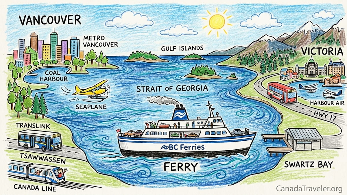 Passengers on a BC Ferries deck sailing through Gulf Islands between Vancouver and Victoria