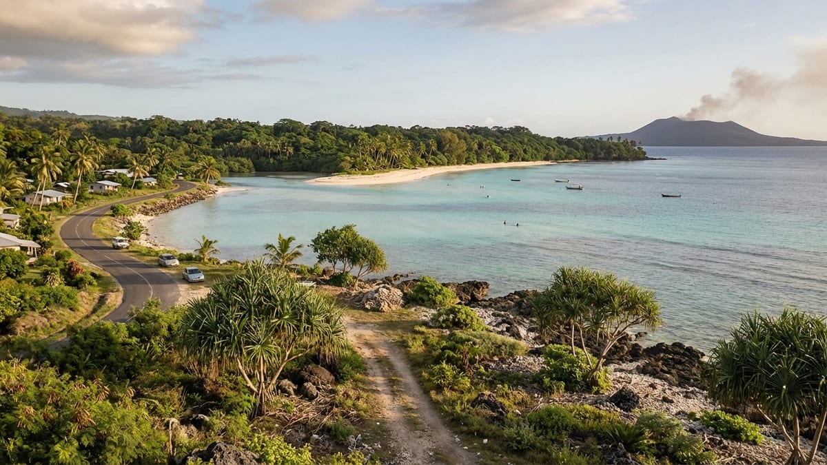 Scenic view of Vanuatu's islands with coastal road, tropical forest and active volcano.