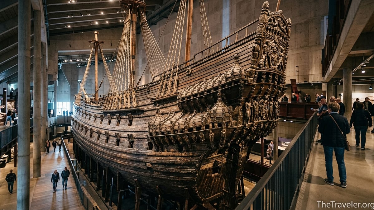 Interior of the Vasa Museum in Stockholm with the preserved 17th century warship and visitors on surrounding balconies.