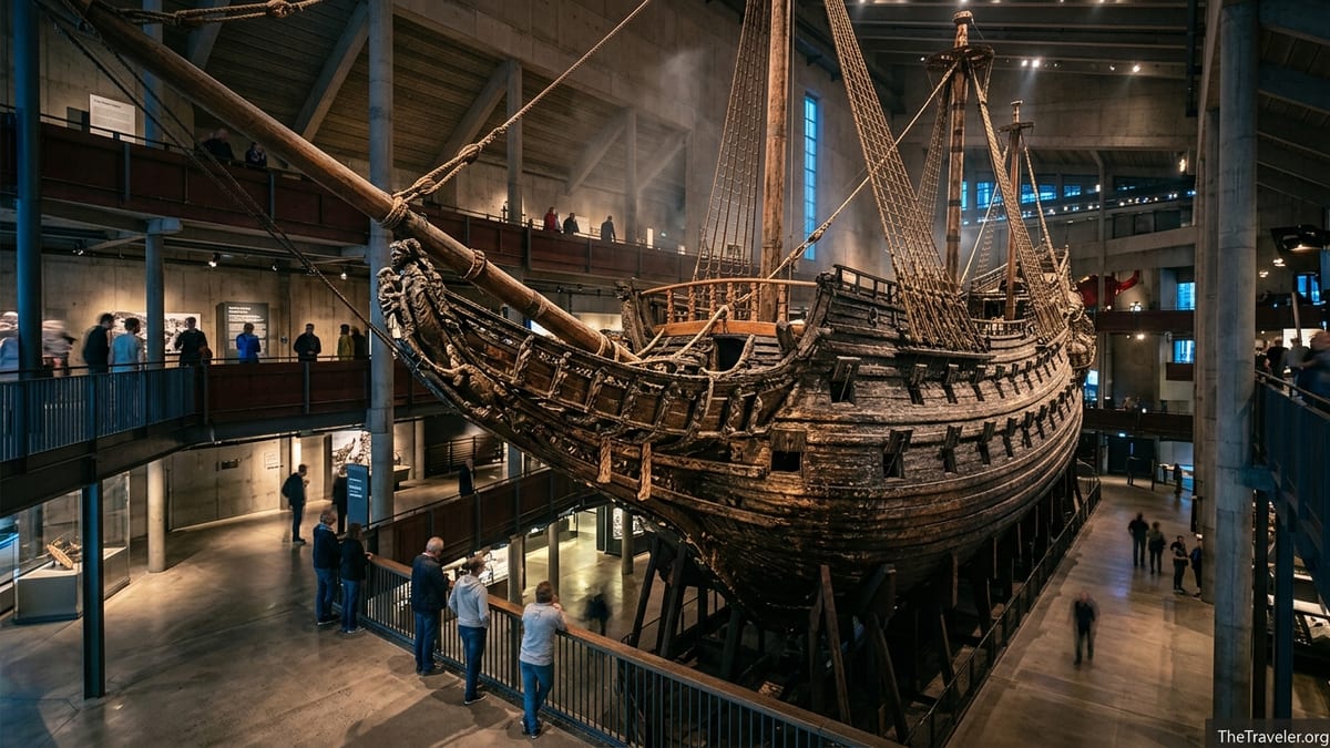 Interior of Stockholm’s Vasa Museum with the preserved 17th century warship towering over visitors on surrounding balconies.