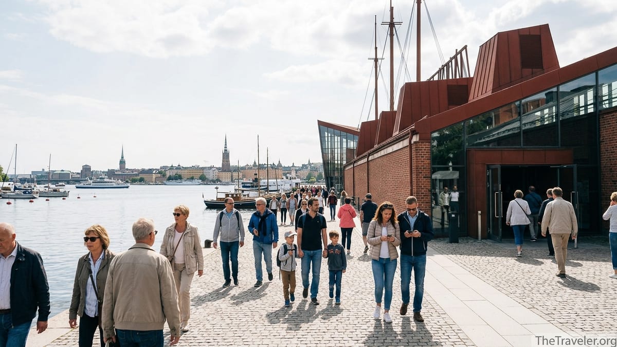 Visitors walking toward the Vasa Museum entrance on a sunny day in Stockholm.