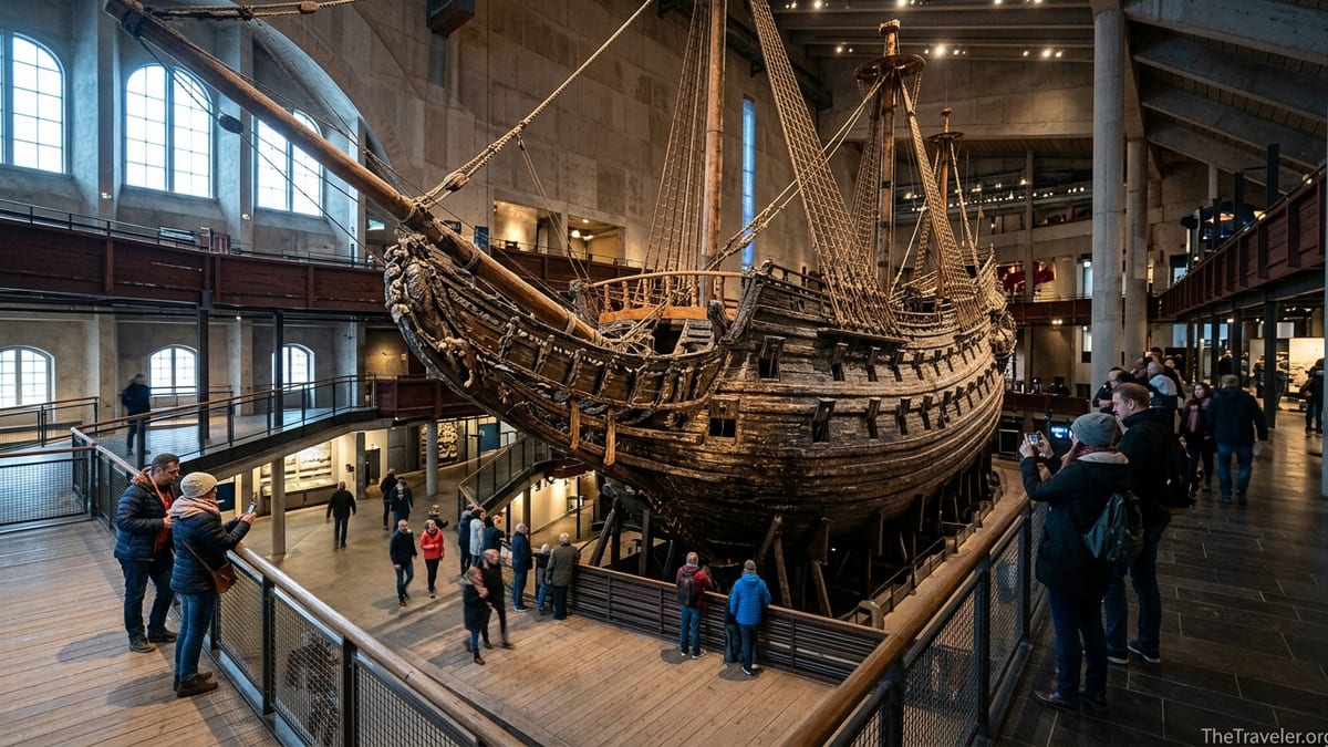 Interior of Stockholm’s Vasa Museum with visitors viewing the massive preserved wooden warship.