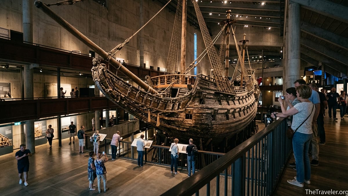 Interior of Stockholm’s Vasa Museum with visitors walking around the massive 17th century warship on multiple levels.