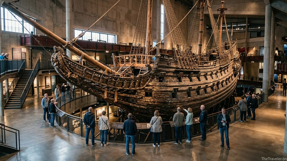 Visitors on balconies inside the Vasa Museum looking up at the massive preserved 17th-century warship.