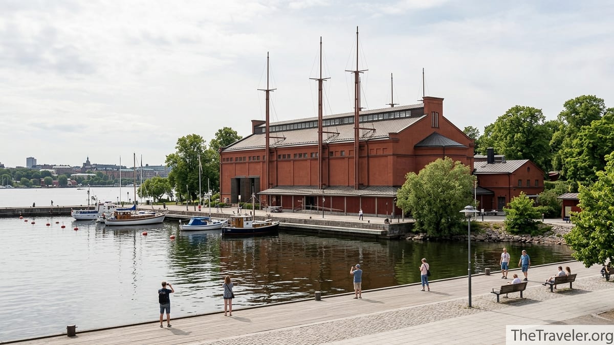 Exterior view of the Vasa Museum in Stockholm with harbor and visitors on a summer day