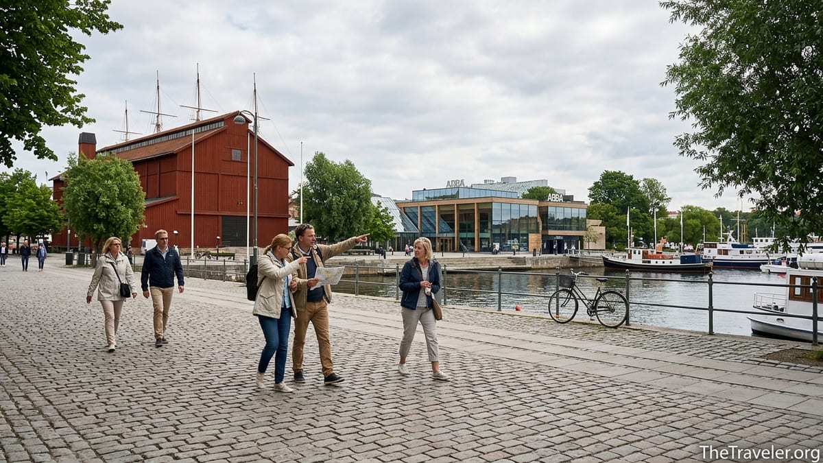 Travelers walking on Djurgården in Stockholm between the Vasa Museum and ABBA The Museum on a summer day.