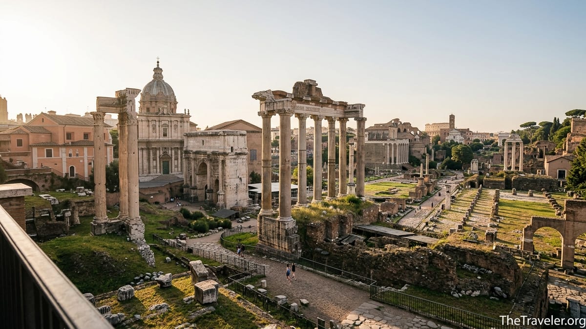 View over the Roman Forum ruins at sunset with St Peter’s dome in the distance.
