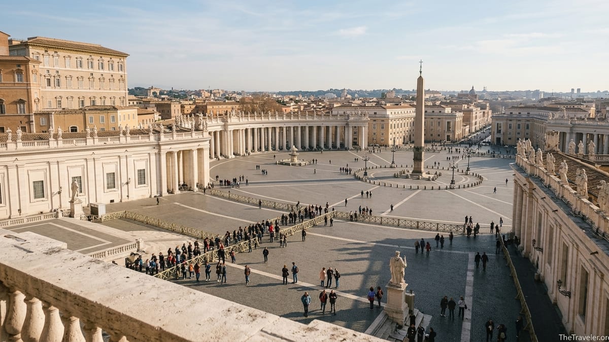 Early-morning view over St Peter’s Basilica and a lightly crowded St Peter’s Square in Vatican City.
