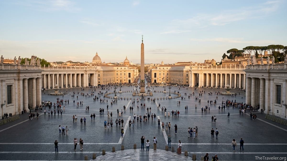 Crowds of visitors in St Peter’s Square at sunset framed by Vatican colonnades