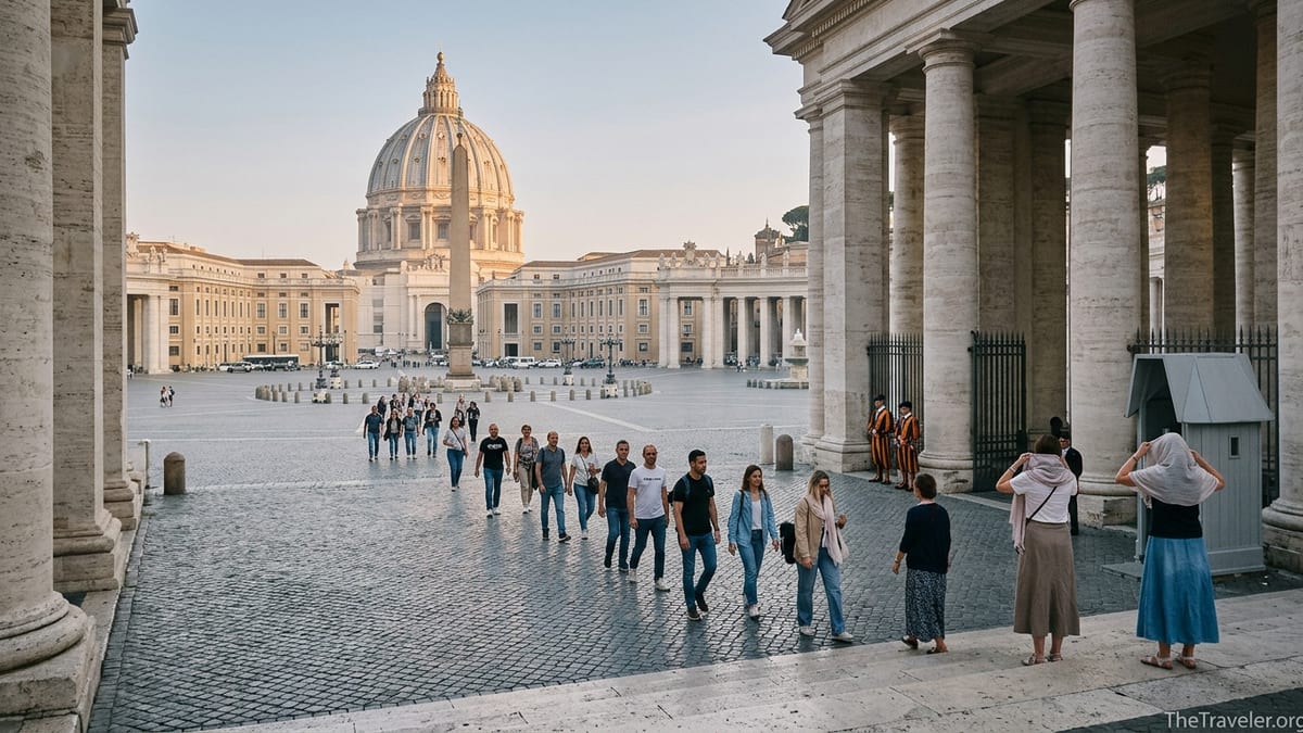 Early morning visitors entering St Peter’s Square with Rome visible beyond the colonnade.