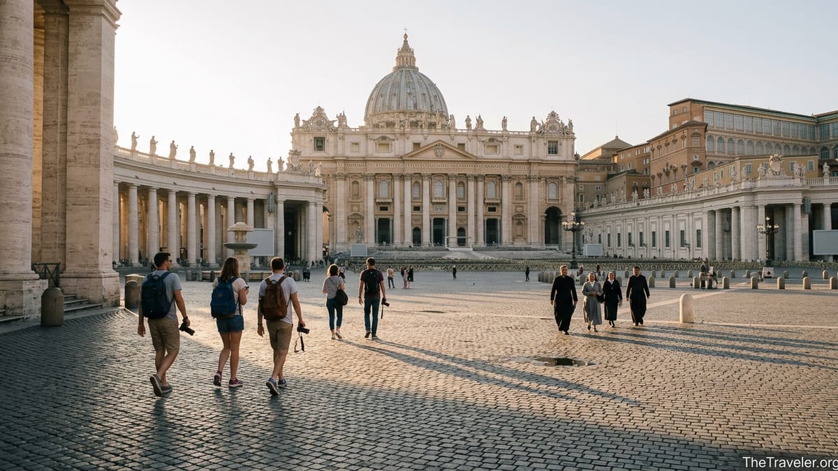 Early morning light over St Peter’s Square with a few visitors walking toward St Peter’s Basilica in Vatican City.