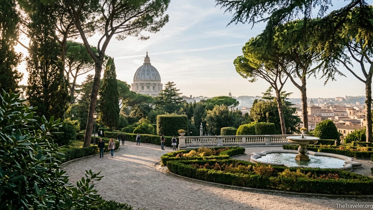 View of Vatican Gardens with paths, trees and St. Peter’s dome rising above.