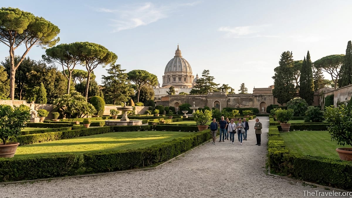 View across Vatican Gardens with trees and St. Peter’s dome at golden hour.