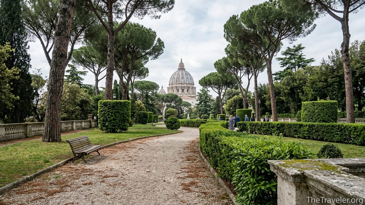 Quiet path in the Vatican Gardens with umbrella pines and St Peter’s dome in the background.