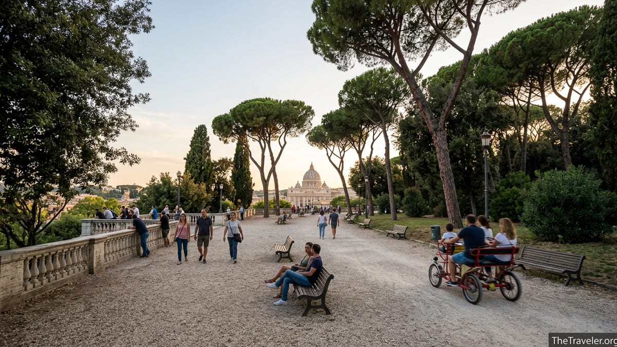 View across Rome from Villa Borghese with umbrella pines and St Peter’s dome at sunset.