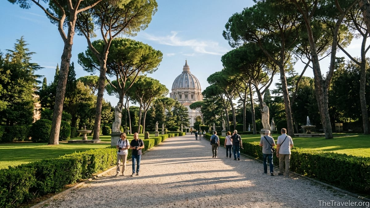 Visitors walking along a tree-lined path in the Vatican Gardens with St Peter’s dome in the background.