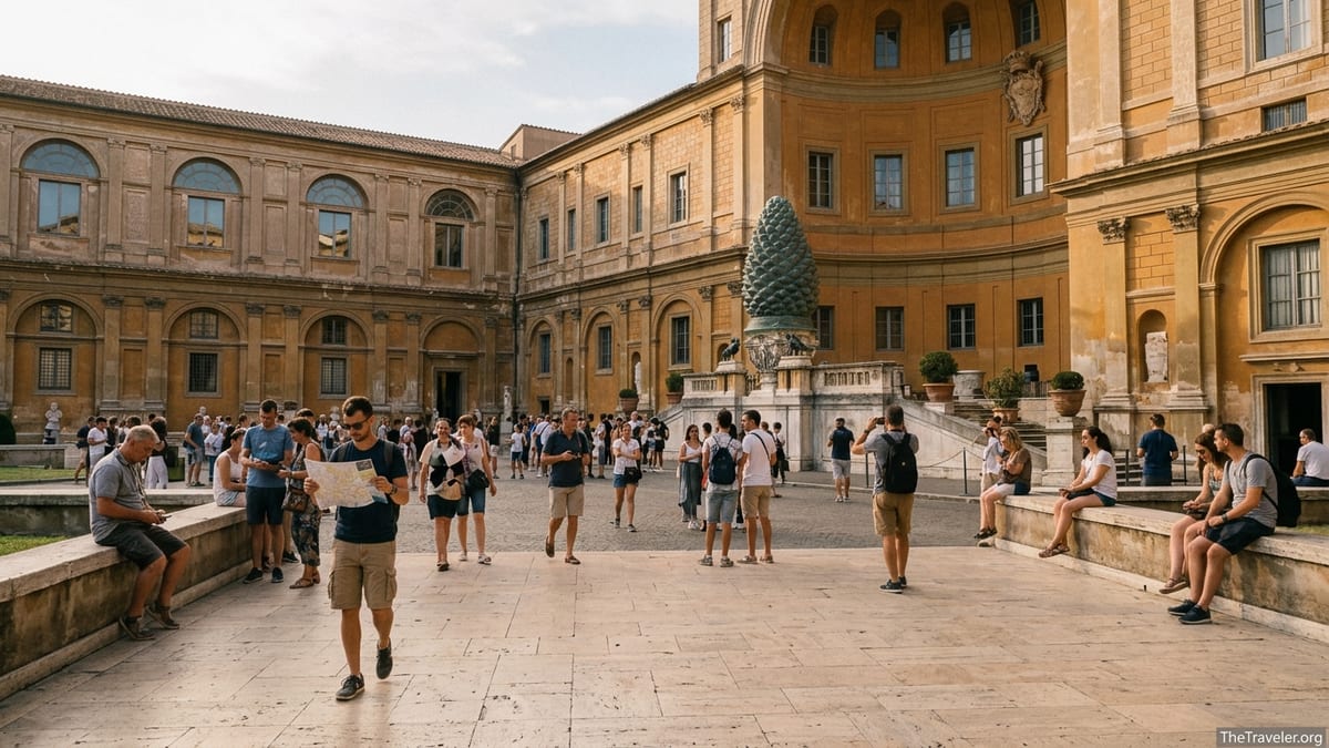 Visitors walking through the Vatican Museums pinecone courtyard in warm afternoon light.