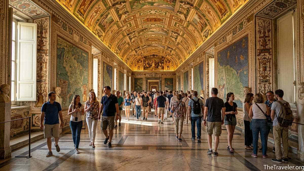 Visitors walk through the ornate Gallery of Maps in the Vatican Museums toward the Sistine Chapel.