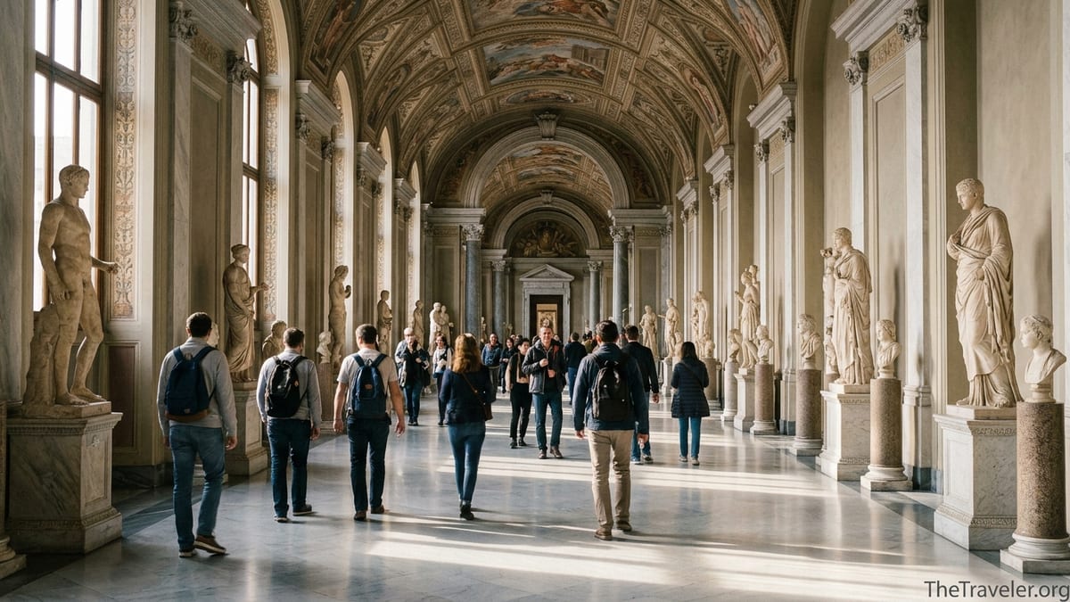 Visitors walking through a sunlit gallery inside the Vatican Museums in Rome.