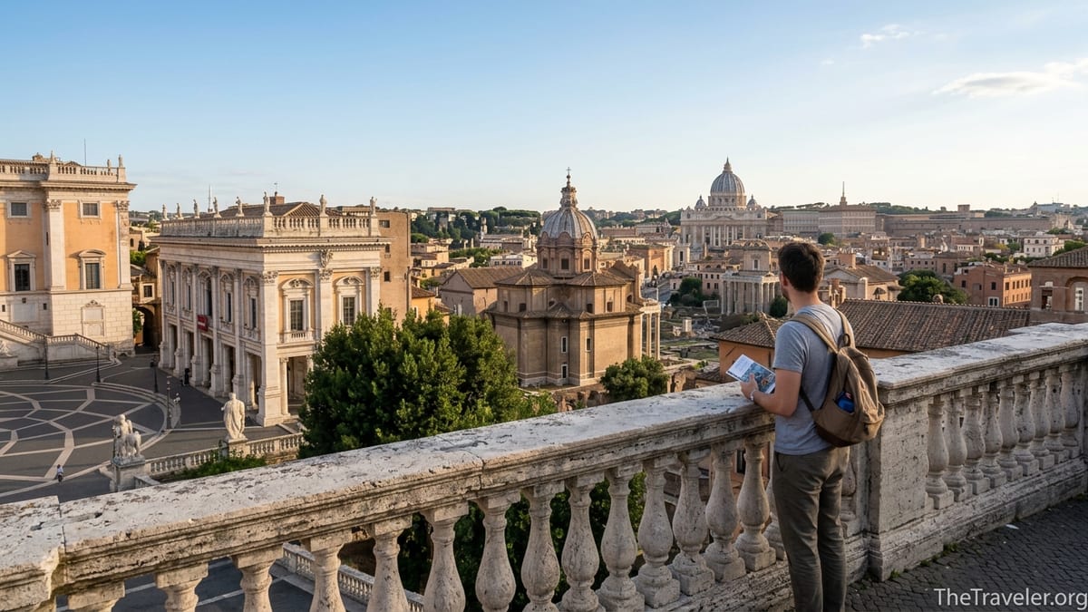 Traveler overlooking the Roman Forum from Capitoline Hill with St Peter’s dome in the distance.
