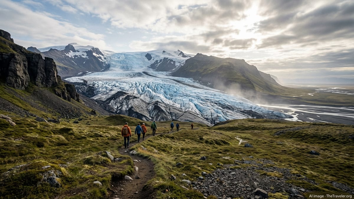 Hikers on a mossy trail overlooking a vast outlet glacier in Vatnajökull National Park.