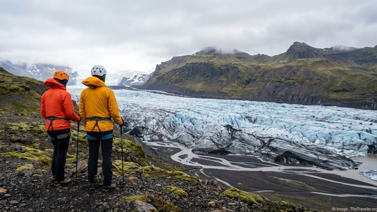 Hikers in bright jackets standing on black sand facing Vatnajökull glacier under cloudy skies.
