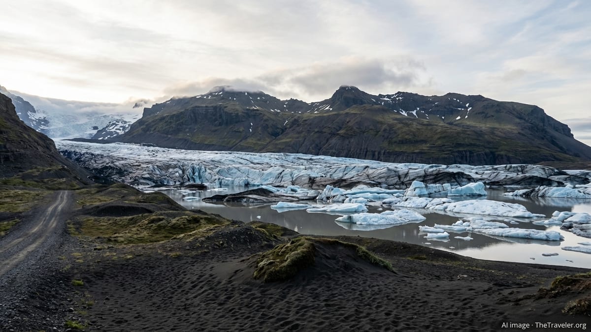 Outlet glacier and icebergs in Vatnajökull National Park under soft evening light.