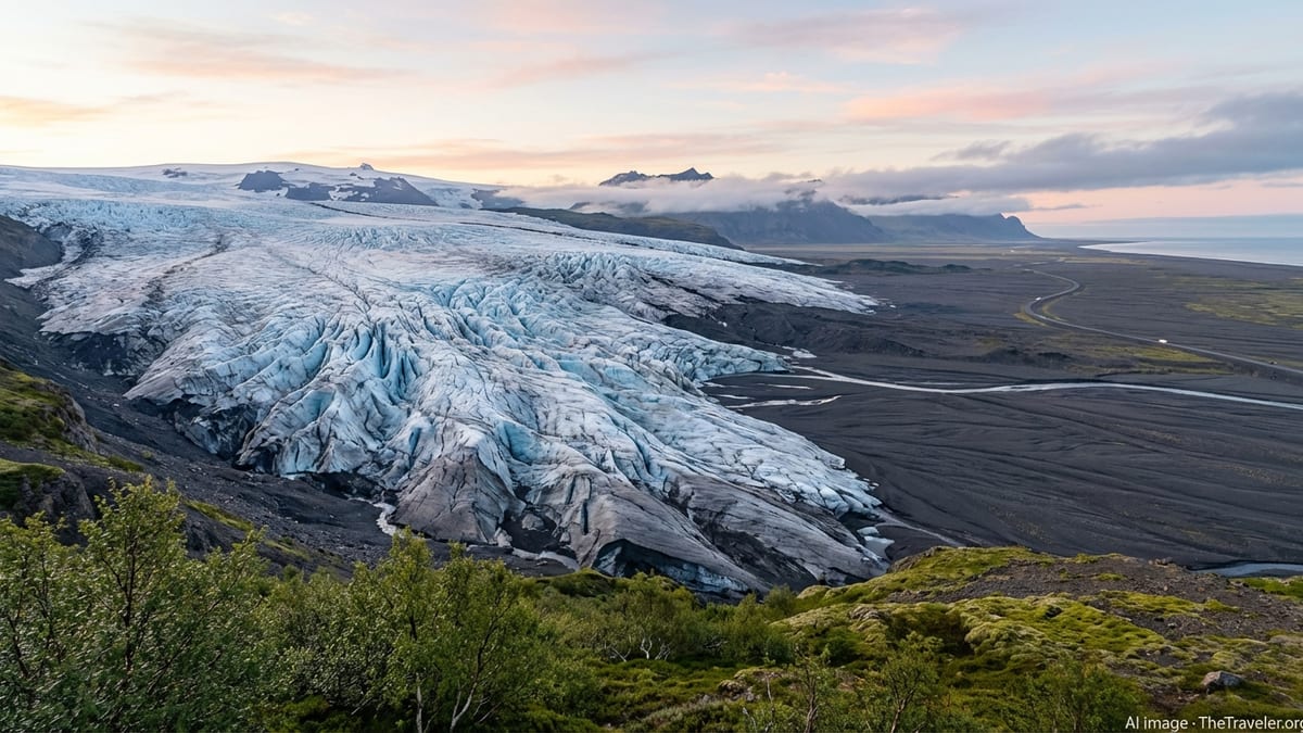 Glacier tongue of Vatnajökull flowing toward black sands under soft sunrise light.