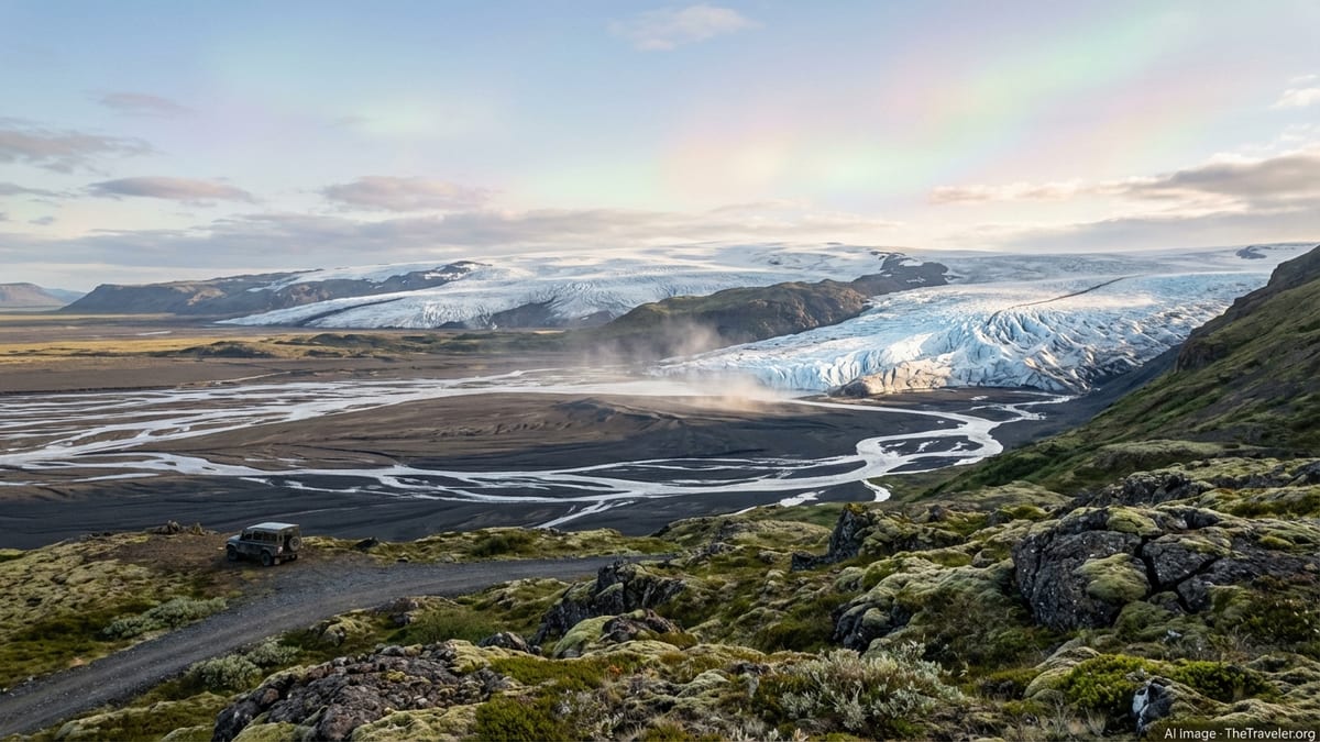 Wide view of Vatnajökull glacier and black sand plains seen from a mossy hillside in soft afternoon light.