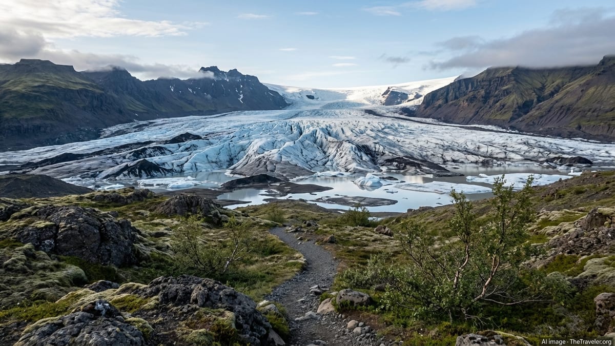 Glacier tongue of Vatnajökull flowing between dark Icelandic mountains under soft summer light.