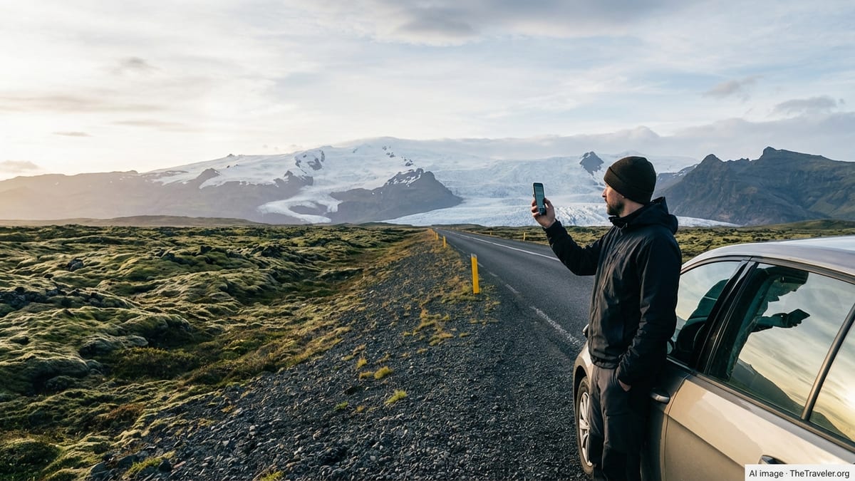 Traveler checking mobile signal by the Ring Road with Vatnajökull glaciers in the distance.