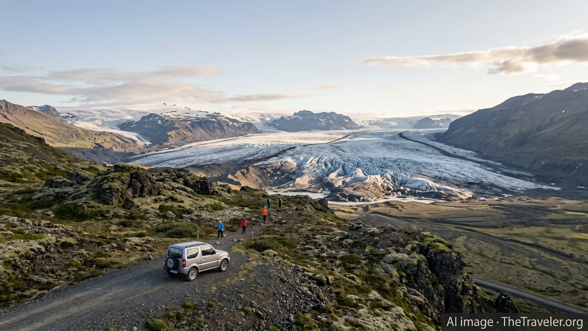 View of Vatnajökull glacier and valley with hikers and a parked car in evening light.