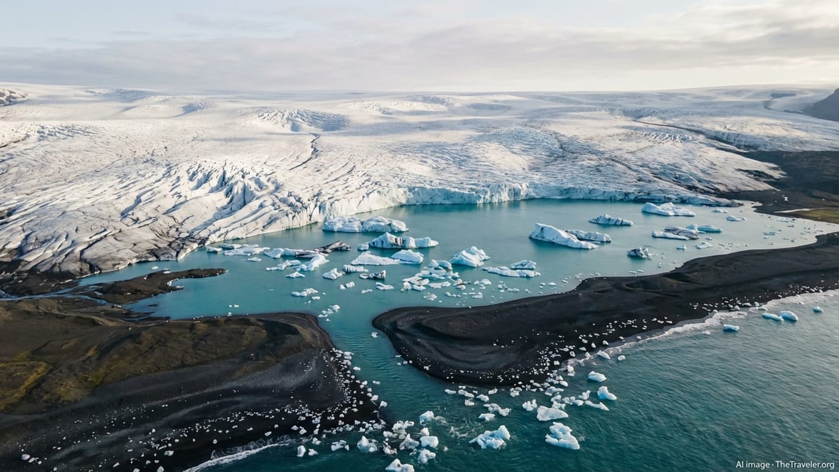 Aerial view of Vatnajökull glacier feeding the iceberg-filled Jökulsárlón lagoon on Iceland’s south coast.