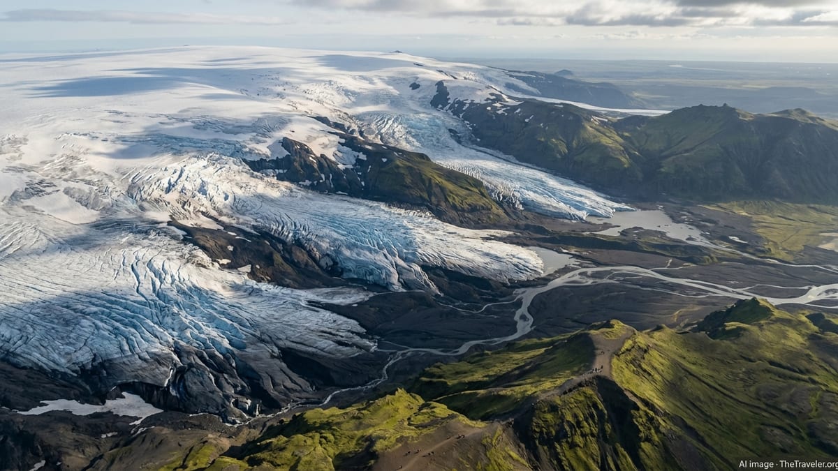 Aerial view of Vatnajökull ice cap and Skaftafell’s green slopes meeting black sand plains in soft summer light.