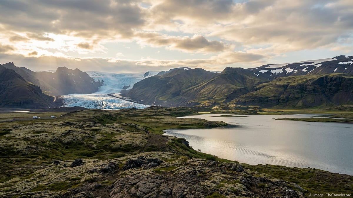 Contrasting Icelandic landscapes with Vatnajökull glacier and a calm lake valley under soft evening light.