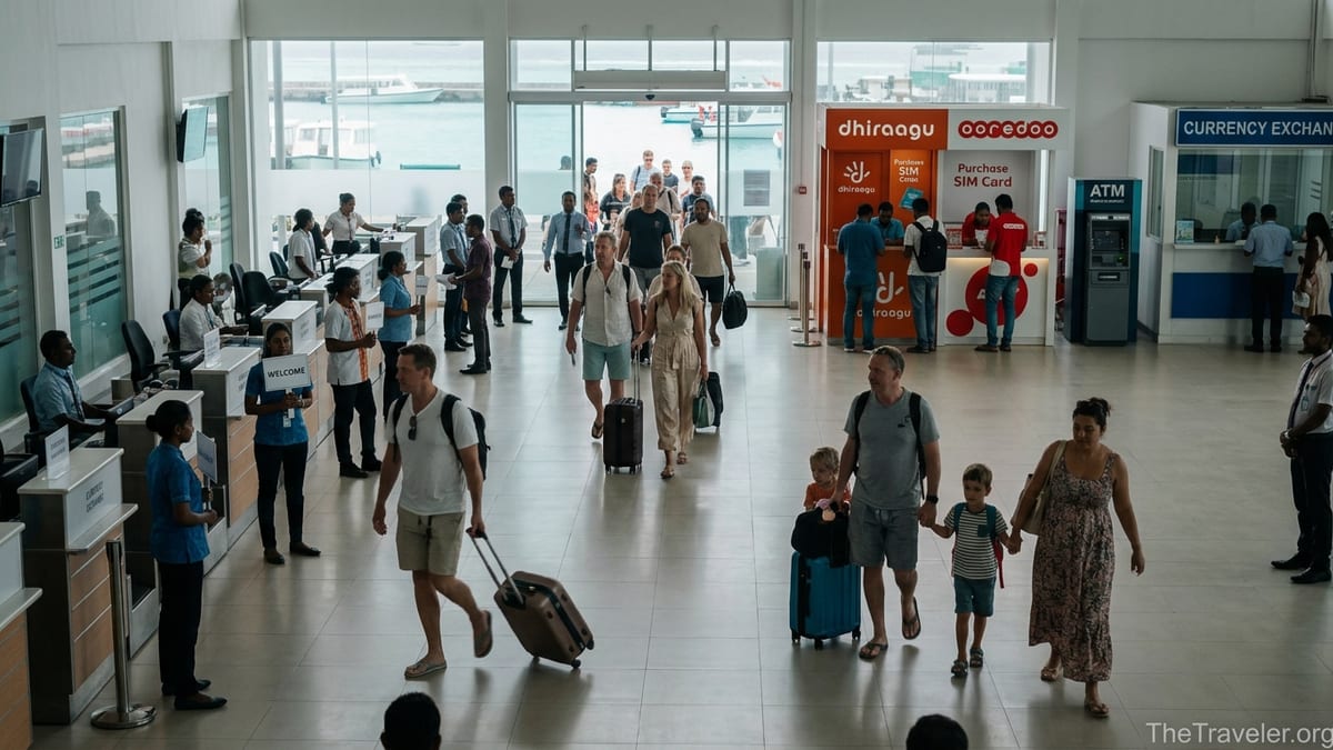Arrivals hall at Velana International Airport with resort counters, SIM kiosks and travelers exiting customs.