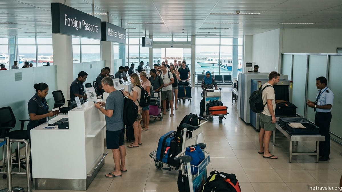 Arriving passengers queue at immigration and customs in Velana International Airport, Maldives.