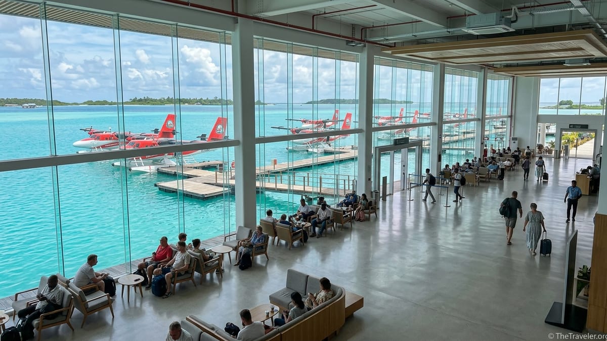 Passengers waiting in a bright seaplane terminal at Velana Airport overlooking a turquoise lagoon with docked seaplanes.