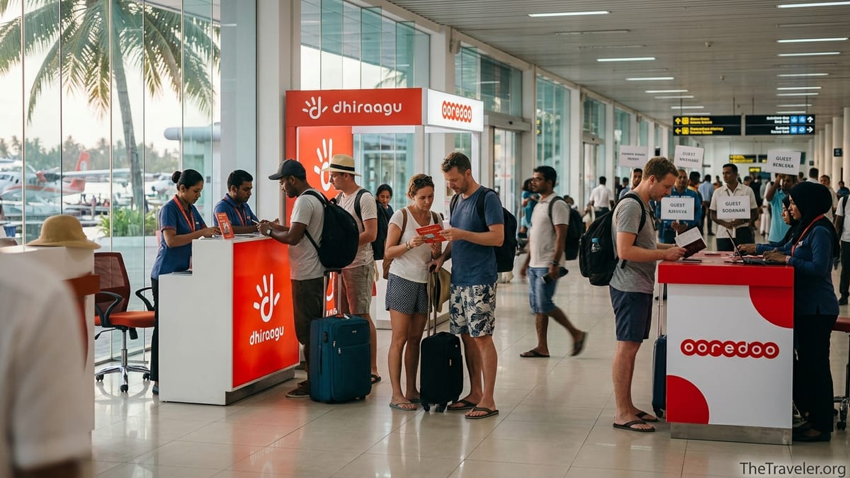 Arrivals hall at Velana Airport with tourists buying SIM cards at Dhiraagu and Ooredoo counters.