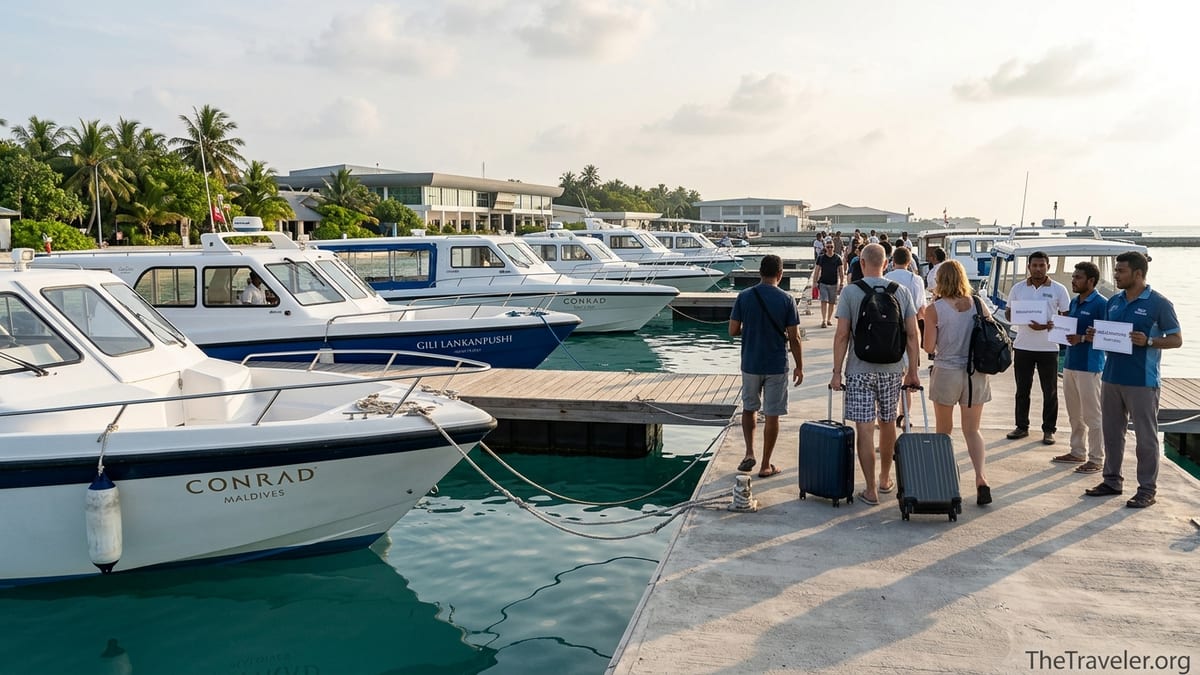 Travelers with luggage boarding resort speedboats at Velana International Airport jetty at sunrise.