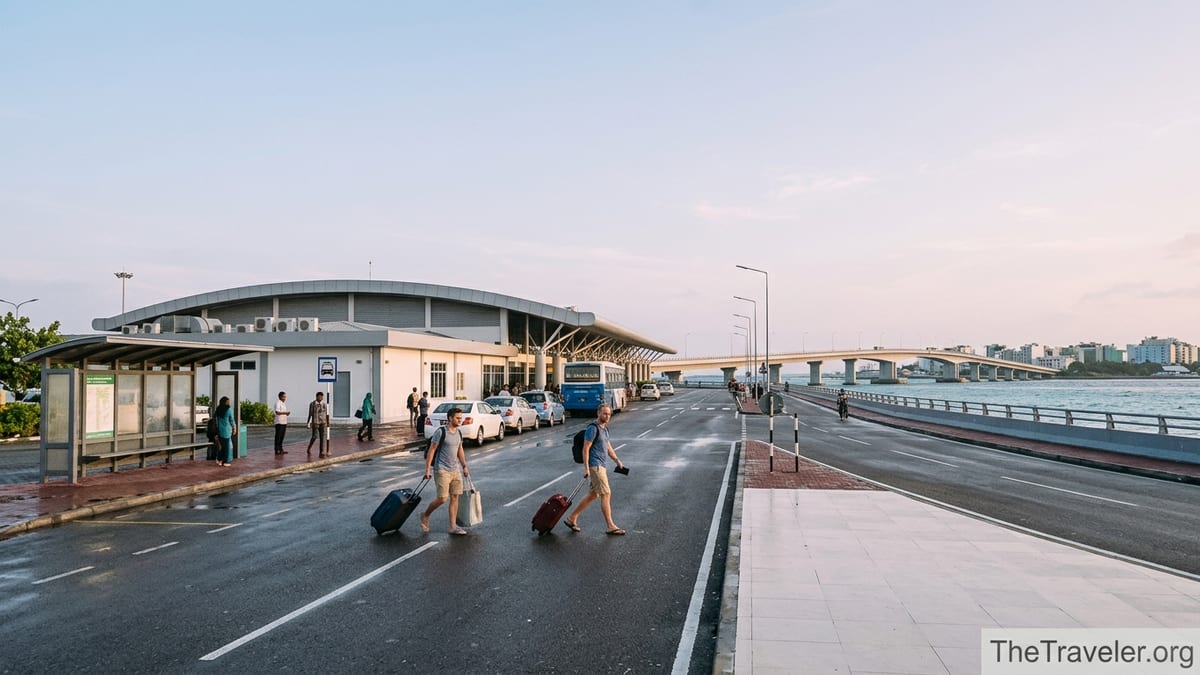 Early-morning view of Velana Airport taxis and the Sinamalé Bridge toward Hulhumalé.