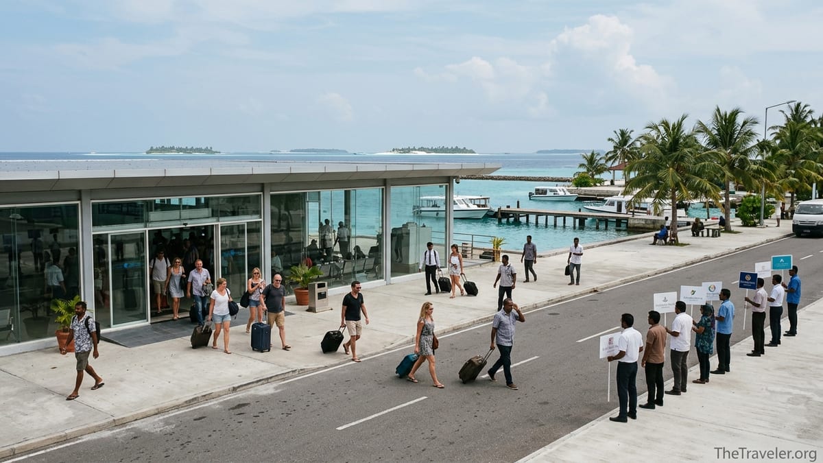 Arriving passengers outside Velana International Airport with resort boats on the lagoon behind.