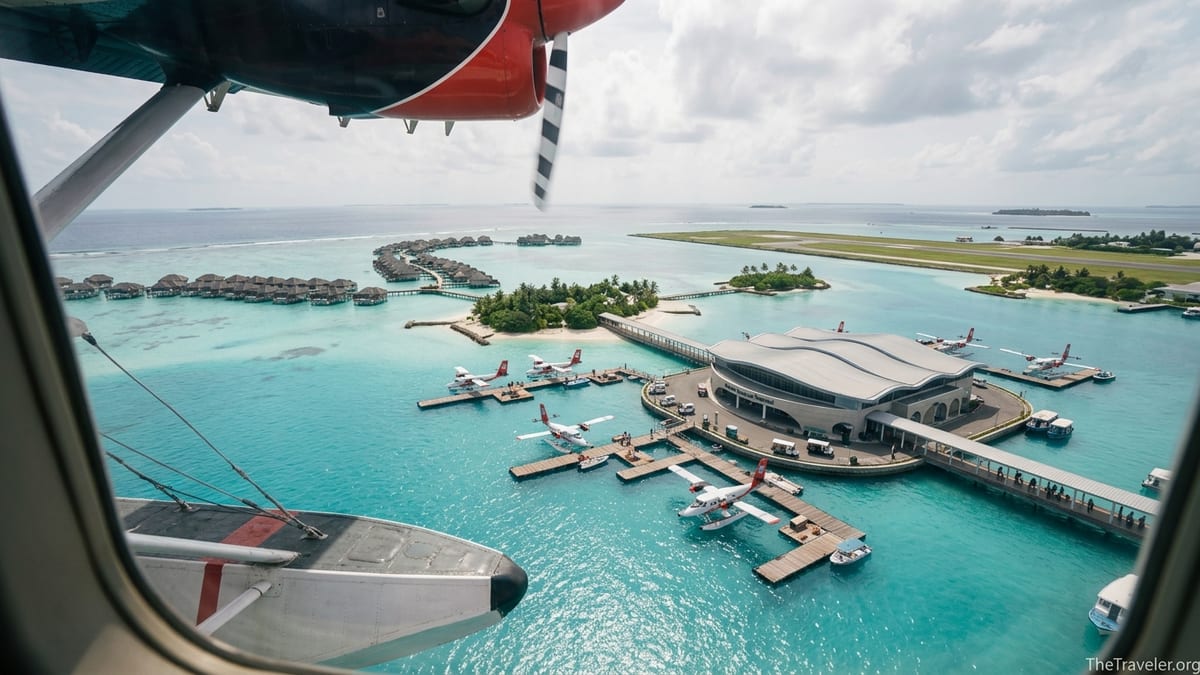 A seaplane approaches Noovilu Seaplane Terminal over turquoise Maldivian lagoons at Velana International Airport.