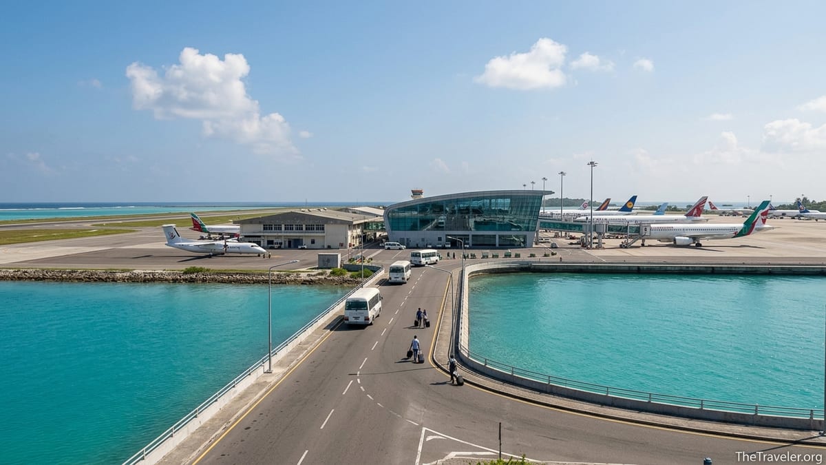 Aerial view of Velana International Airport showing international Terminal 1, domestic Terminal 2 and nearby lagoon.