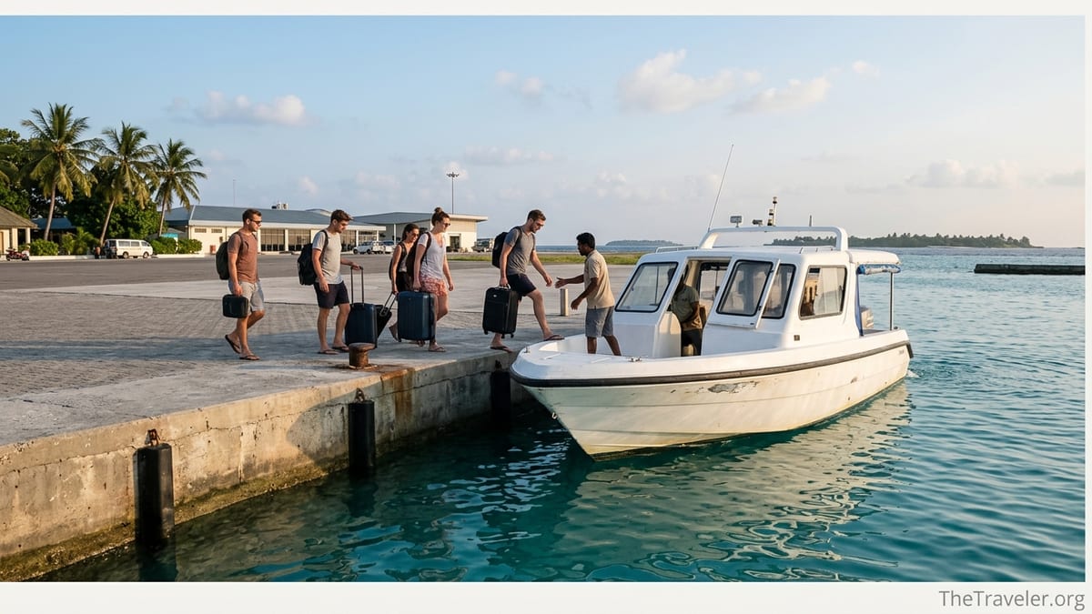 Travelers boarding a shared speedboat at Velana Airport jetty for transfer to Maafushi in the Maldives.