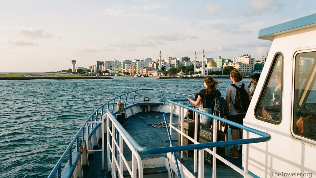 Ferry crossing from Velana International Airport to Malé with city skyline ahead.