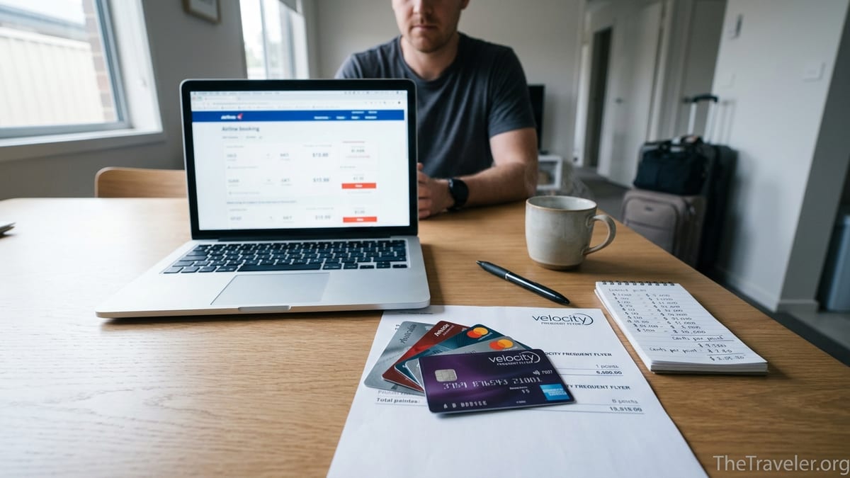 Traveller calculating Velocity Amex point value with cards and laptop on table.
